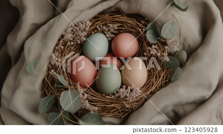 Easter eggs placed in a nest, surrounded by eucalyptus leaves and flowers, on a linen fabric. 123405928