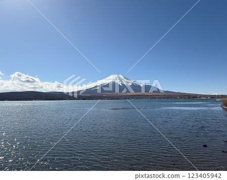 Winter lake and snow-capped Mt. Fuji 123405942