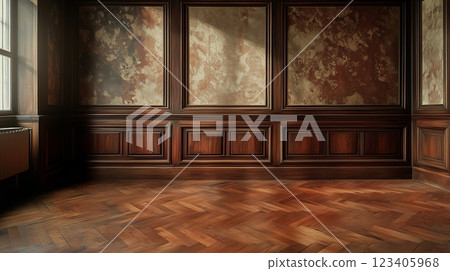 Old building with wooden parquet floor, wooden wainscoting panels and wallpaper. 123405968