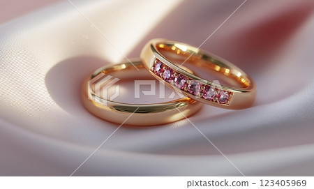 A pair of gold wedding rings on pink fabric, a romantic and dreamy background. 123405969