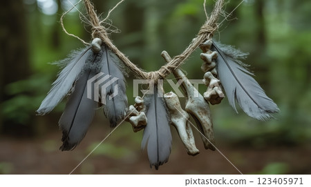 The necklace with weathered bones and dull gray feathers against a forest background. 123405971