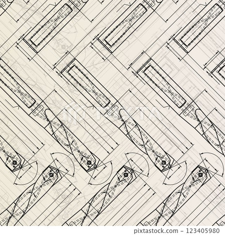 Mechanical engineering drawings on sepia background. Drill tools, borer. Technical Design. Cover. Blueprint. Vector illustration. Seamless pattern. 123405980
