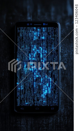 A Futuristic Smartphone Display that features a captivating Digital Matrix Effect showcasing advanced technologies 123406048
