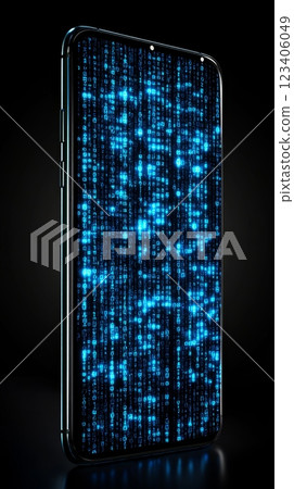 A Futuristic Smartphone Display that features a captivating Digital Matrix Effect showcasing advanced technologies 123406049