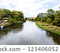 View of the river and town from the bridge 123406052