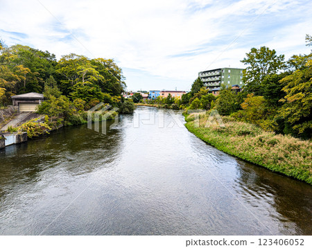 從橋上欣賞河流和城鎮的景色 123406052