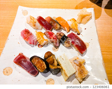 Delicious assortment of nigiri sushi 123406061