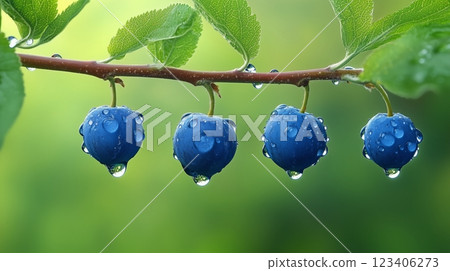A blue berries hanging on the branch, covered in water droplets. 123406273