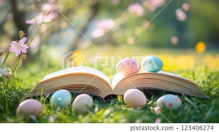 An open book with Easter eggs on the grass, flowers in the background. 123406274