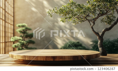 A bamboo podium for product display with an Asian background. 123406287