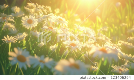 A daisy, with the sun shining brightly on it with a background of a green meadow.  123406294