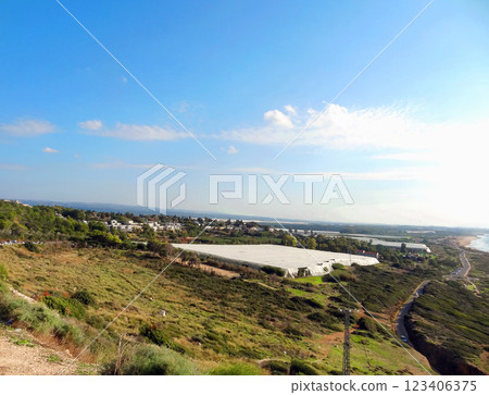 Natural landscape top view of the kibbutz agricultural farm and the Mediterranean Sea, Israel. 123406375