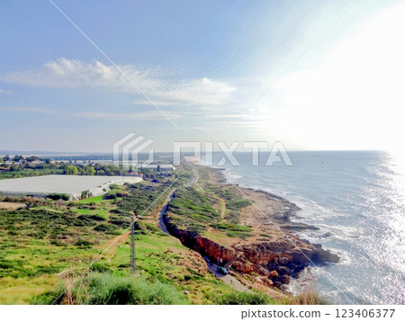 Natural landscape top view of the kibbutz agricultural farm and the Mediterranean Sea, Israel. 123406377