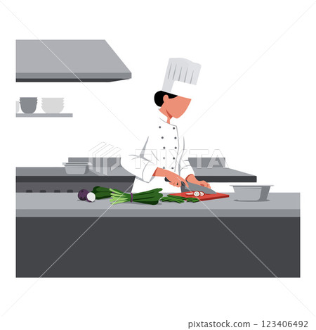 Chef preparing vegetables in minimal flat style vector art 123406492