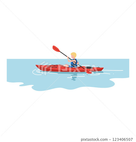 Kayaking adventure with a person paddling in a minimalist vector illustration 123406507