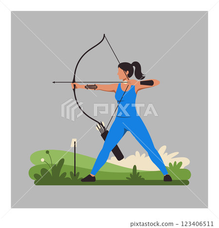 Archer in action with bow aiming at target flat vector art Archer in action with bow aiming at target flat vector art 123406511