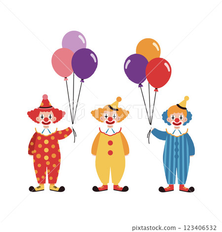Three cheerful clowns holding colorful balloons in flat vector art 123406532