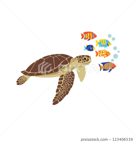 Sea turtle swimming with colorful fish in flat vector art 123406539