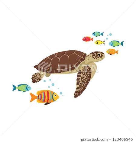Sea turtle swimming with colorful fish in flat vector art Sea turtle swimming with colorful fish in flat vector art 123406540