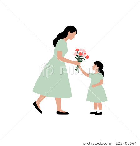 Mother and daughter sharing flowers in flat vector illustration 123406564