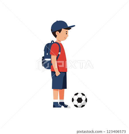 Boy with backpack standing next to soccer ball in flat vector art 123406573