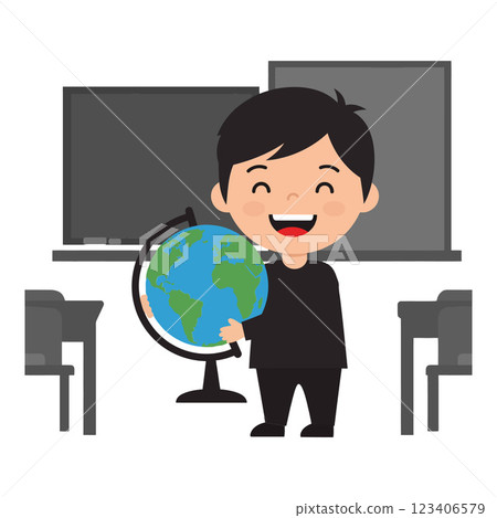 Happy child holding a globe in a classroom flat vector art Happy child holding a globe in a classroom flat vector art 123406579