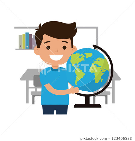 Smiling boy holding a globe in flat vector illustration Smiling boy holding a globe in flat vector illustration 123406588