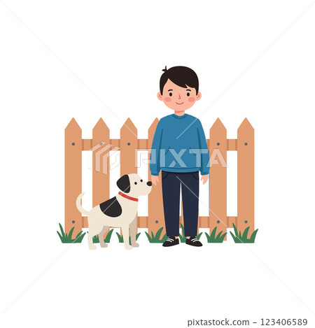 Young boy standing with dog near wooden fence in flat vector art 123406589