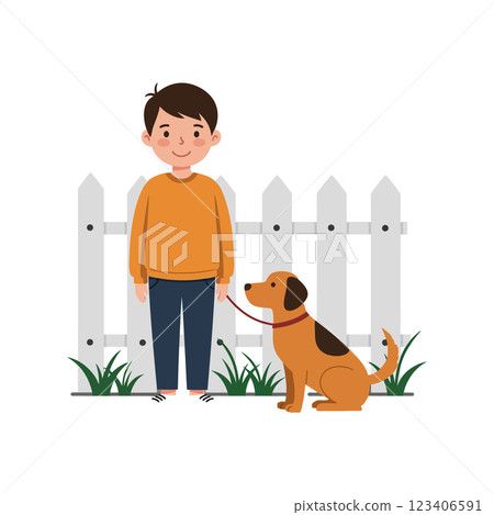 Happy child and playful dog in flat vector illustration 123406591