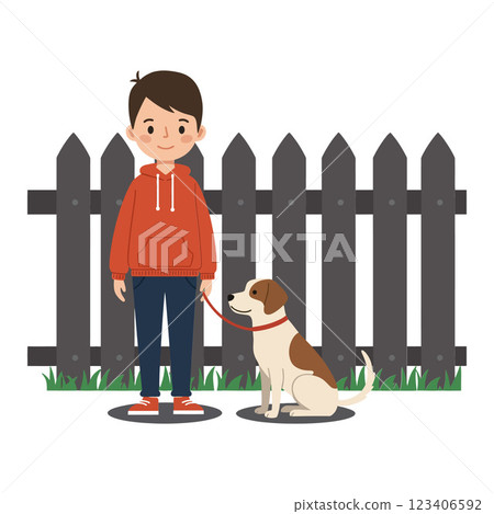Young boy standing with a dog in a flat vector illustration 123406592