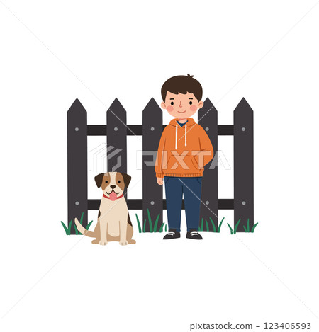 Happy boy standing beside his dog in flat vector art 123406593