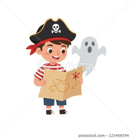 Pirate boy holding treasure map with ghost in flat vector art 123406594