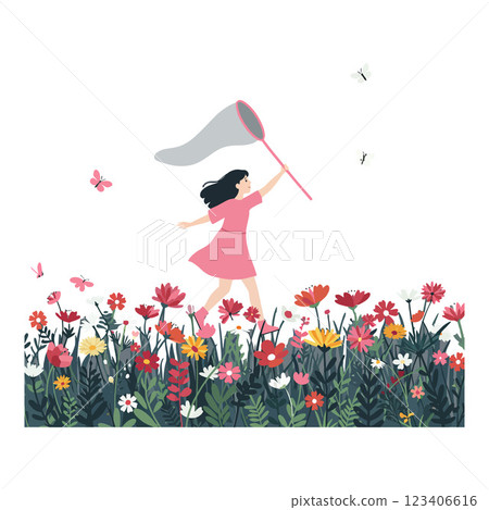 Girl catching butterflies in a flower field, flat vector art Girl catching butterflies in a flower field, flat vector art 123406616