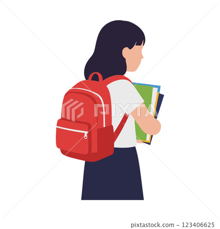 Student carrying colorful books with red backpack in flat vector art 123406625