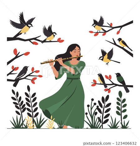 Woman playing flute surrounded by colorful birds in minimal vector illustration Woman playing flute surrounded by colorful birds in minimal vector illustration 123406632