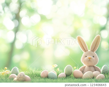 Soft green pastel background with scattered eggs and plush bunny for Easter decorations 123406643