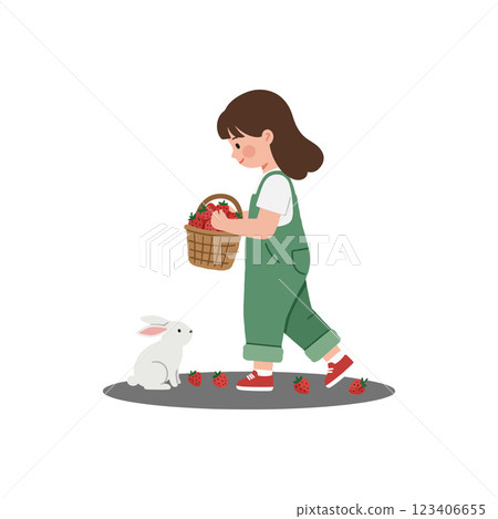 Young girl collecting strawberries with a rabbit in flat vector art 123406655