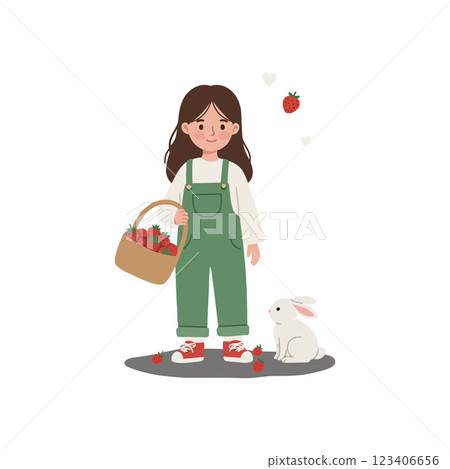 Girl collecting strawberries with rabbit in flat vector illustration 123406656
