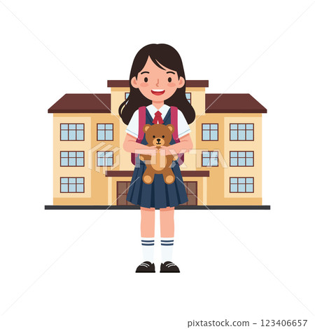 Girl holding teddy bear in front of school building vector art 123406657