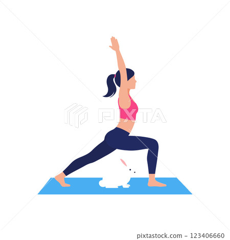 Woman practicing yoga in warrior pose with cute bunny vector art 123406660