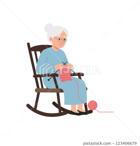 Elderly woman knitting in a rocking chair, flat vector art 123406679