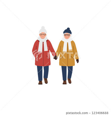 Two elderly people walking hand in hand in minimal vector art 123406688