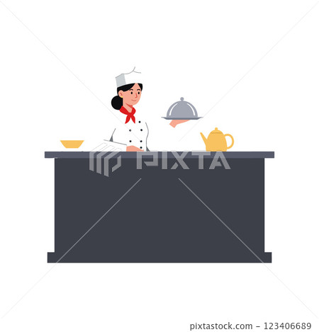Chef presenting a dish in a minimal flat vector illustration 123406689