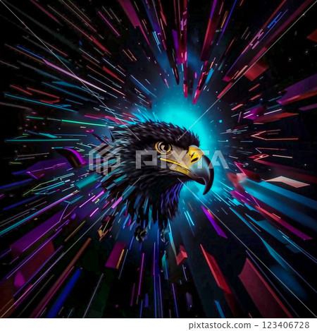 Profile portrait of an eagle. The combination of a powerful beak, a menacing look and beautiful plumage with a creative background around the eagle's head adds charm to the image. 123406728