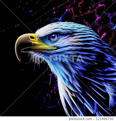 Profile portrait of an eagle. The combination of a powerful beak, a menacing look and beautiful plumage with a creative background around the eagle's head adds charm to the image. 123406730