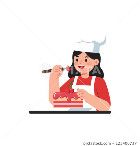 Cheerful baker decorating a cake in flat vector art style vector illustration Cheerful baker decorating a cake in flat vector art style vector illustration 123406737