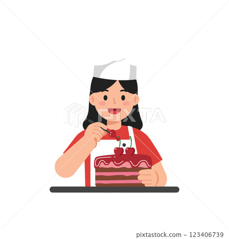 Happy baker decorating a chocolate cake with cherries vector art Happy baker decorating a chocolate cake with cherries vector art 123406739