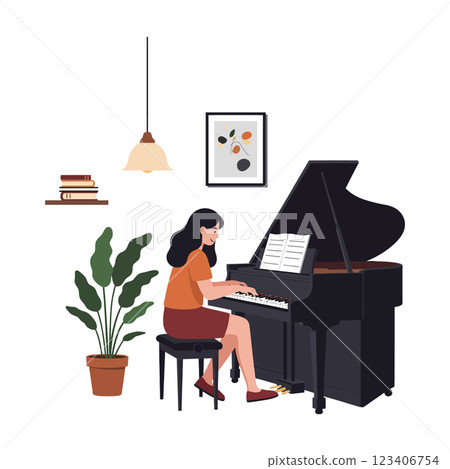 Woman playing grand piano in minimal interior vector illustration Woman playing grand piano in minimal interior vector illustration 123406754