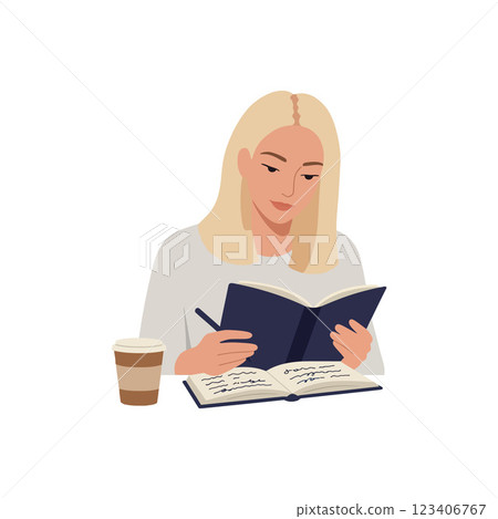 Young woman reading a book while enjoying coffee flat vector art Young woman reading a book while enjoying coffee flat vector art 123406767
