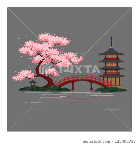 Cherry blossom tree and pagoda in flat vector art style Cherry blossom tree and pagoda in flat vector art style 123406783